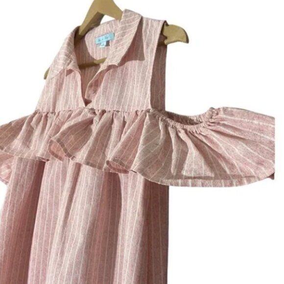 She + Sky pink and white stripe ruffle cold shoulder shirt midi dress Size L - Picture 3 of 4